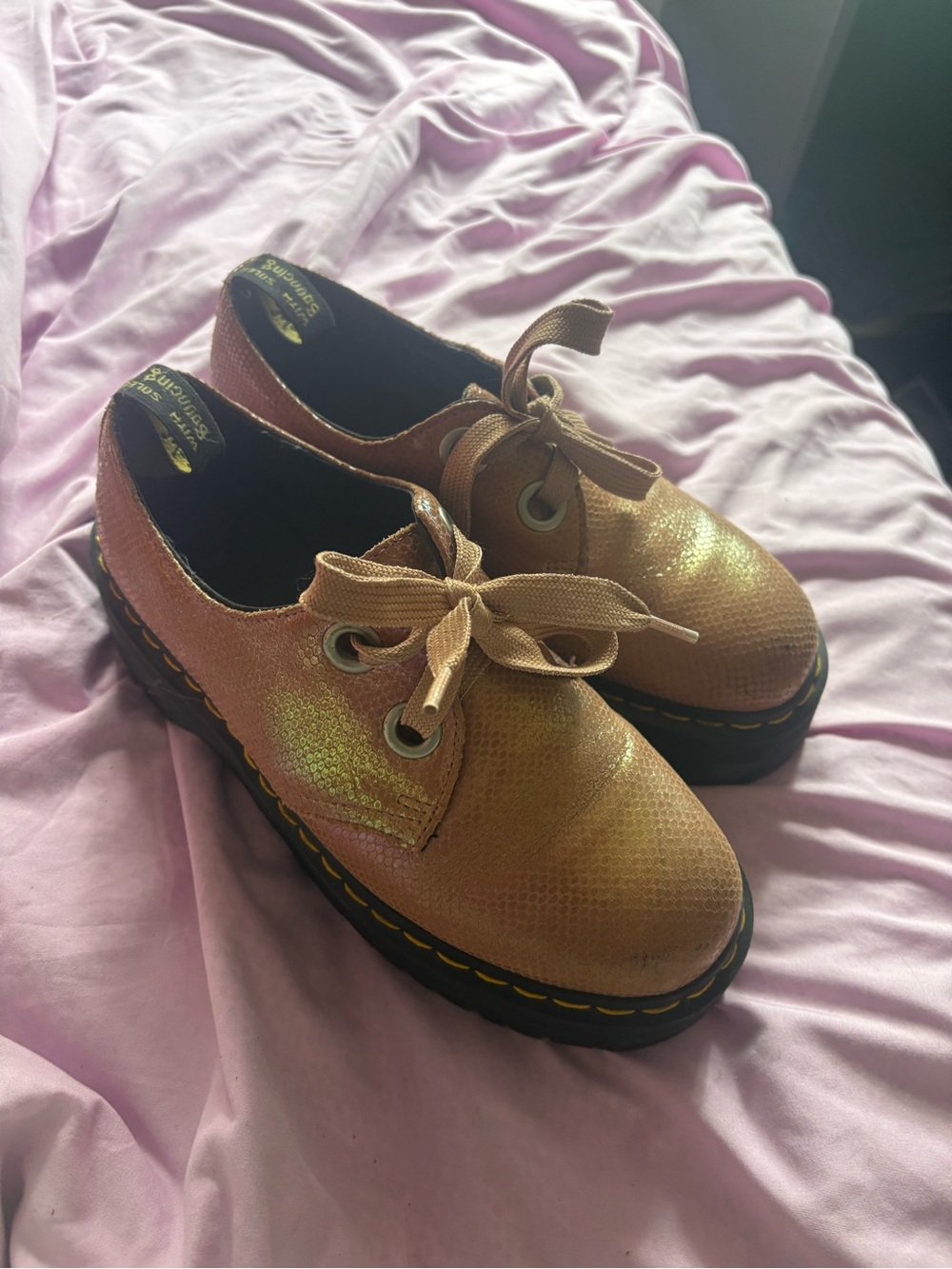 Dr. Martens Metallic pink/iridescent lace Up Platform shoes